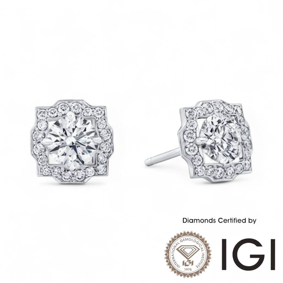 ASH051 Halo Lab Grown Diamond Earring 18K D VVS1 VVS2 3EX IGI Cert - Madison Avenue Diamond