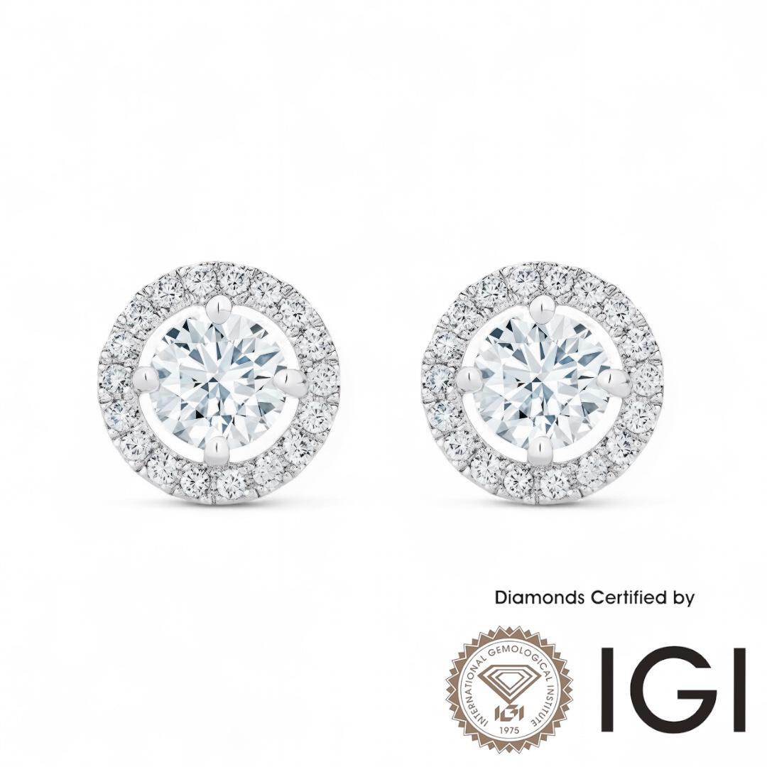 ASH053 Halo . Lab Grown Diamond . Earring , 18K, D, VVS1, VVS2, 3EX, IGI Cert - Madison Avenue Diamond