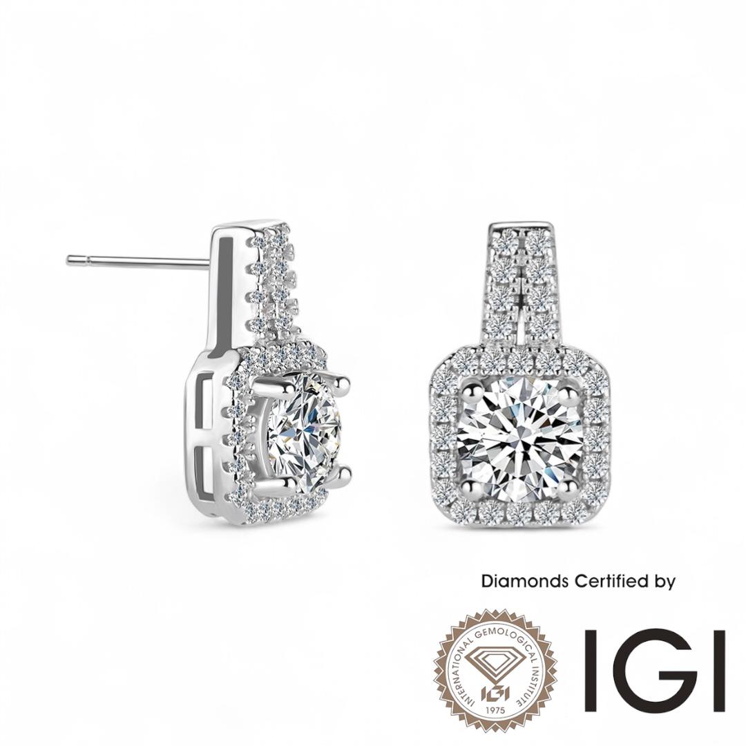 ASH055 Halo . Lab Grown Diamond . Earring , 18K, D, VVS1, VVS2, 3EX, IGI Cert