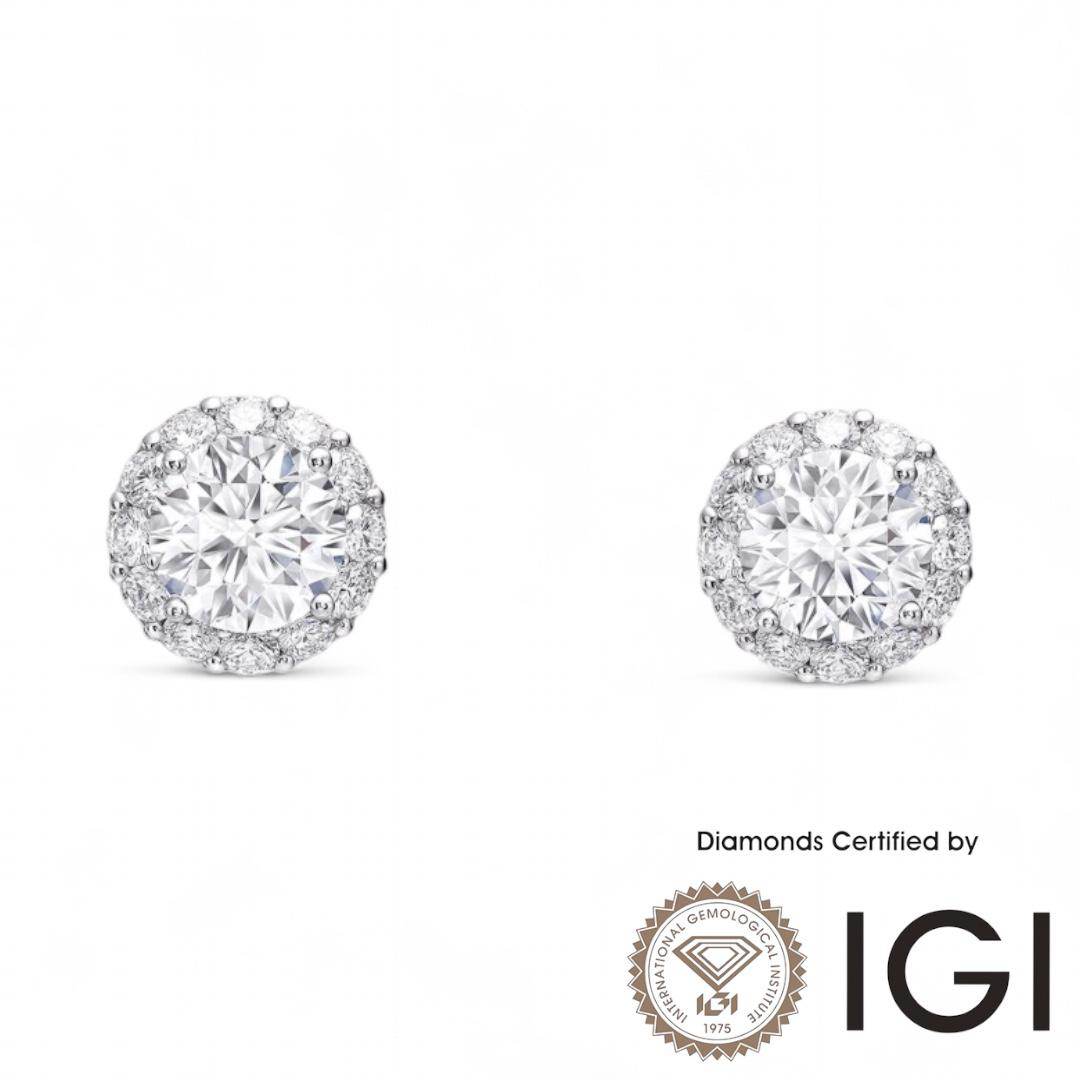 ASH037 Halo Lab Grown Diamond Earring 18K D VVS1 VVS2 3EX IGI Cert - Madison Avenue Diamond