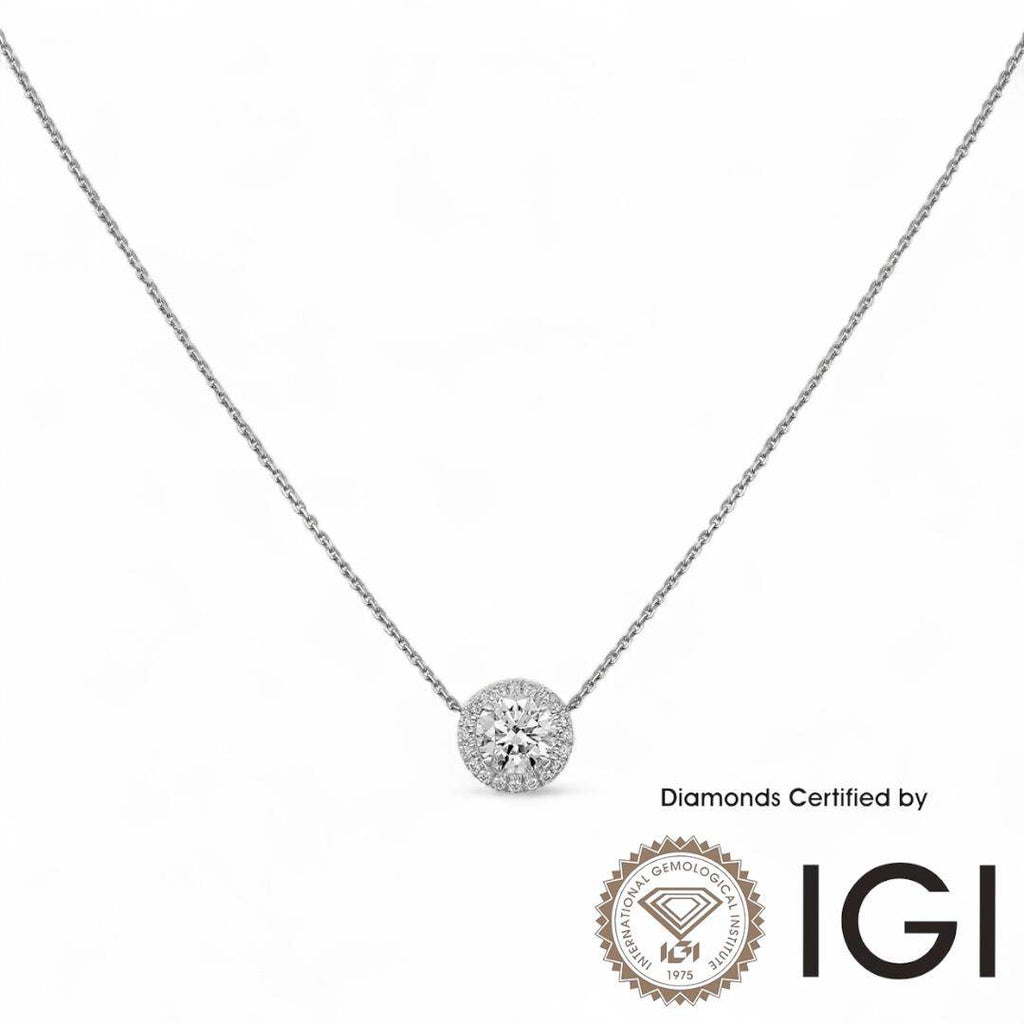 ASH024 Halo 18K Lab Grown Diamond Pendant D VVS1 VVS2 3EX IGI Certified - Madison Avenue Diamond