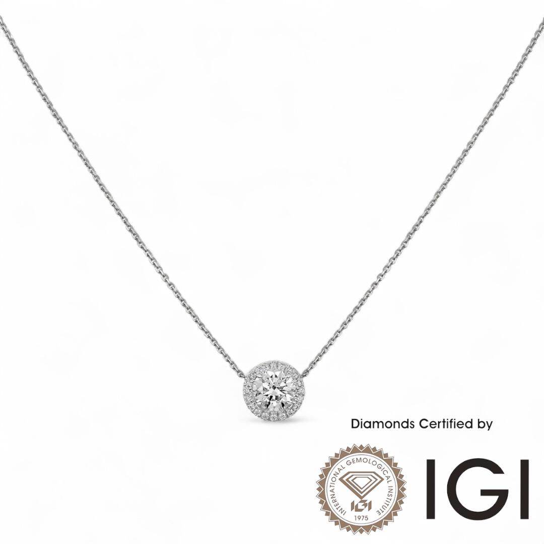 ASH024 Halo 18K Lab Grown Diamond Pendant D VVS1 VVS2 3EX IGI Certified - Madison Avenue Diamond