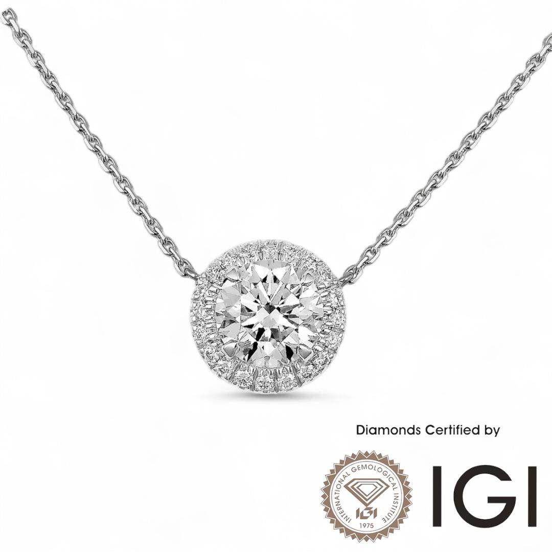 ASH024 Halo 18K Lab Grown Diamond Pendant D VVS1 VVS2 3EX IGI Certified - Madison Avenue Diamond