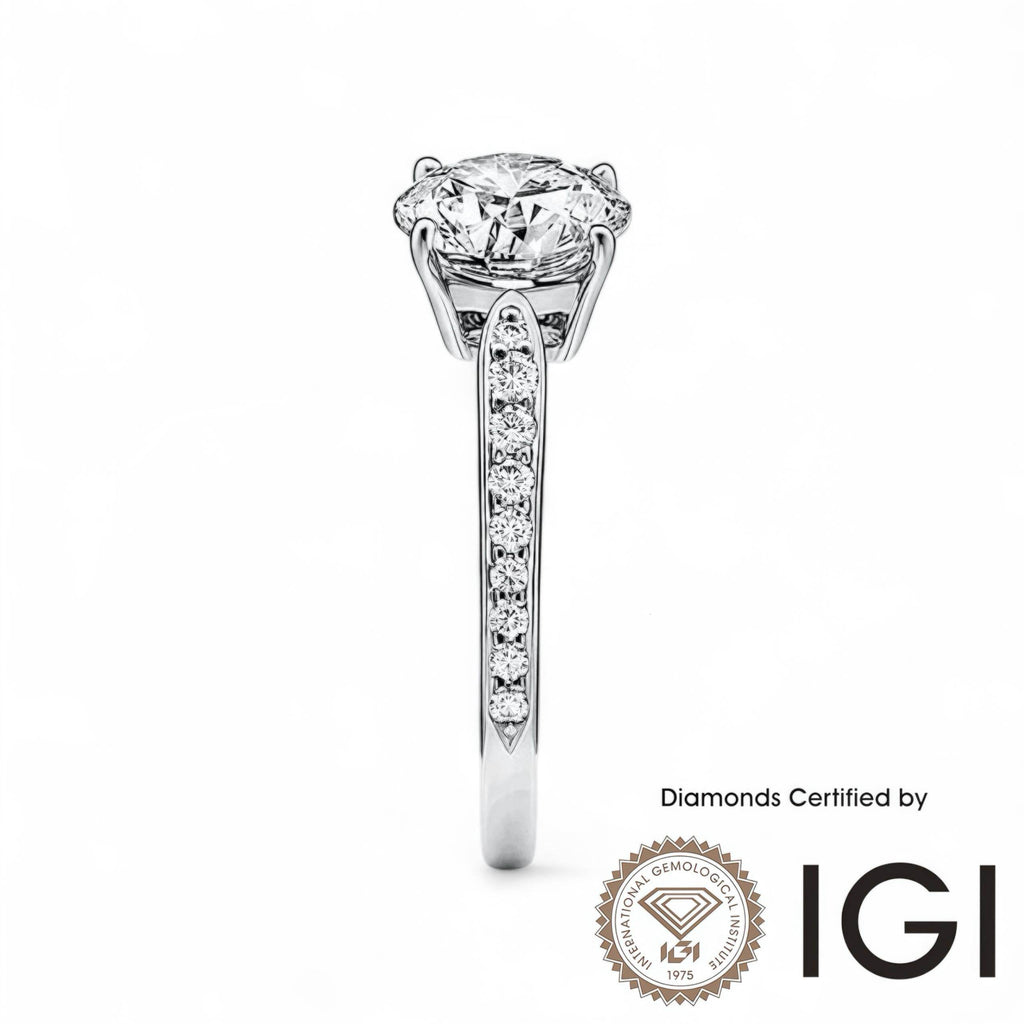ASH027 Sidestone Lab Grown Diamond Ring D VVS1 VVS2 3EX IGI Certified - Madison Avenue Diamond