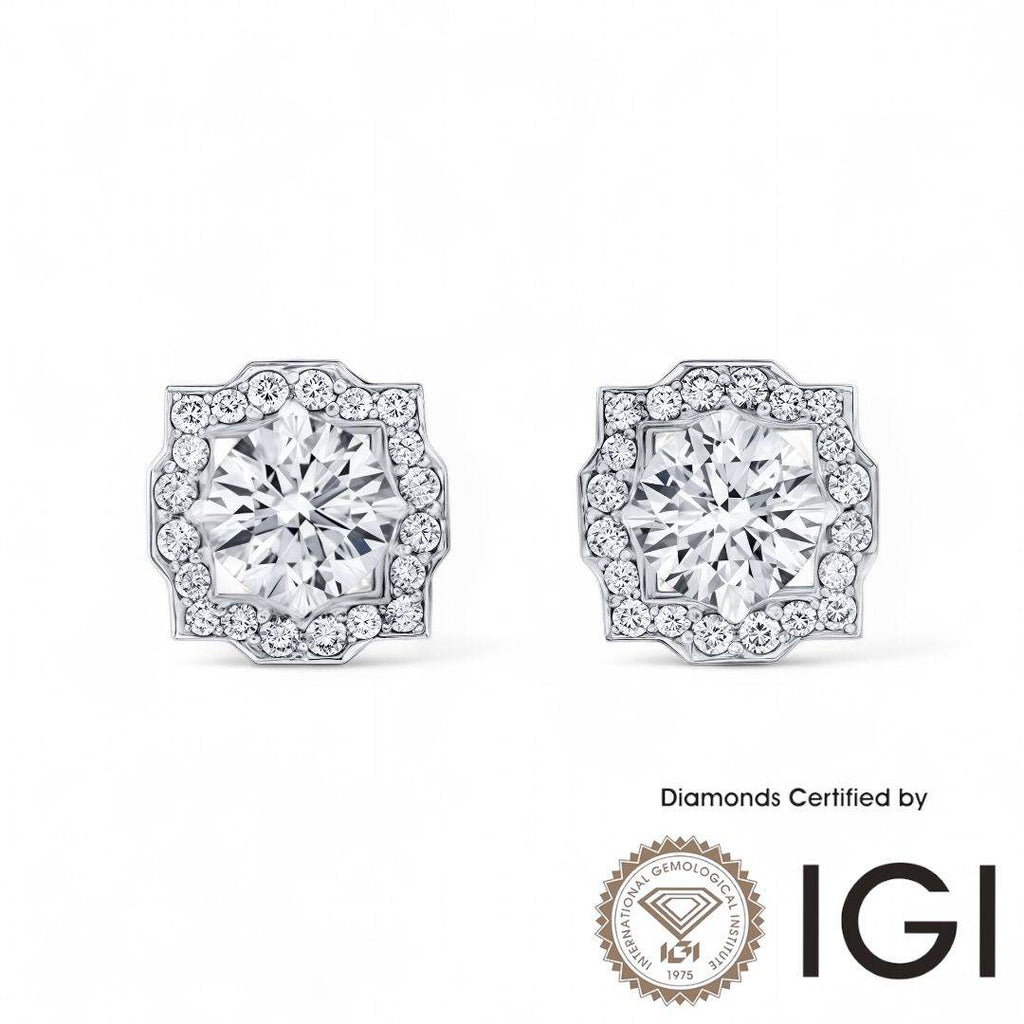 ASH051 Halo Lab Grown Diamond Earring 18K D VVS1 VVS2 3EX IGI Cert - Madison Avenue Diamond