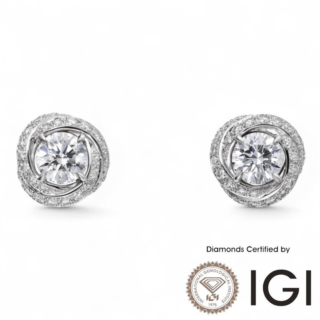 ASH052 Halo Lab Grown Diamond Earring 18K D VVS1 VVS2 3EX IGI Cert - Madison Avenue Diamond