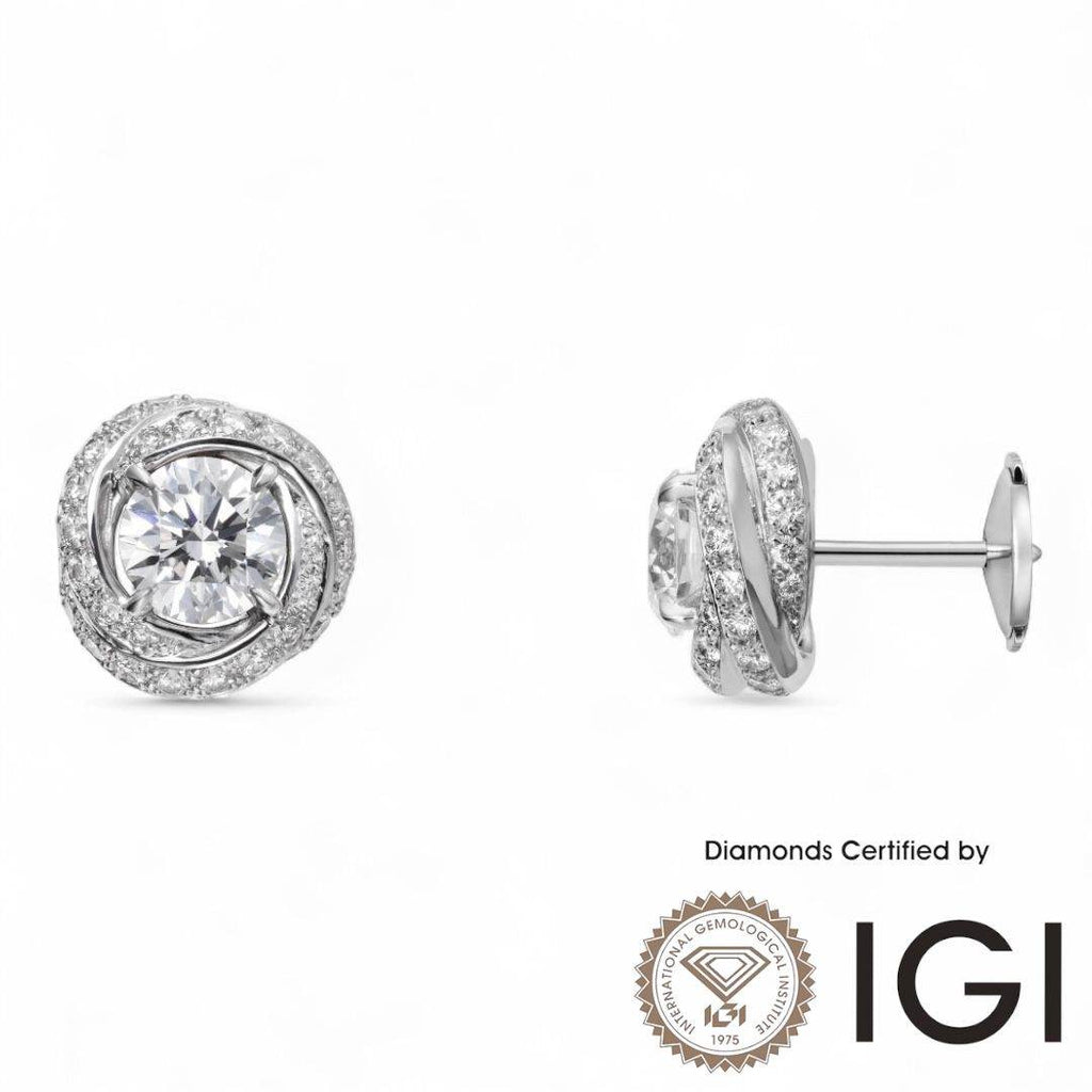 ASH052 Halo Lab Grown Diamond Earring 18K D VVS1 VVS2 3EX IGI Cert - Madison Avenue Diamond