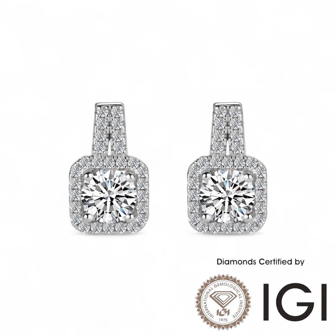 ASH055 Halo . Lab Grown Diamond . Earring , 18K, D, VVS1, VVS2, 3EX, IGI Cert