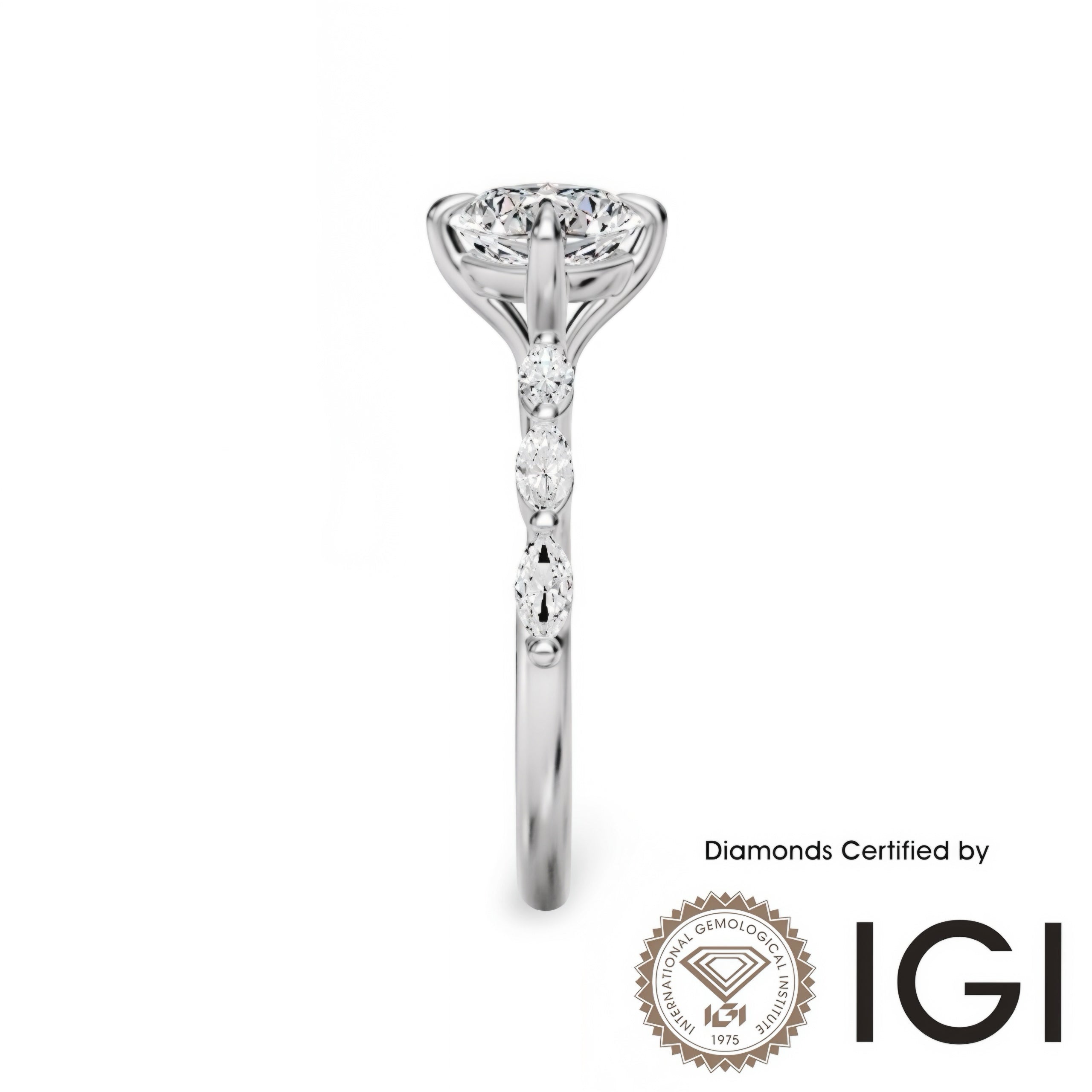 ASH079 Sidestone Lab Grown Diamond Ring 18K D VVS1 VVS2 3EX IGI Certified