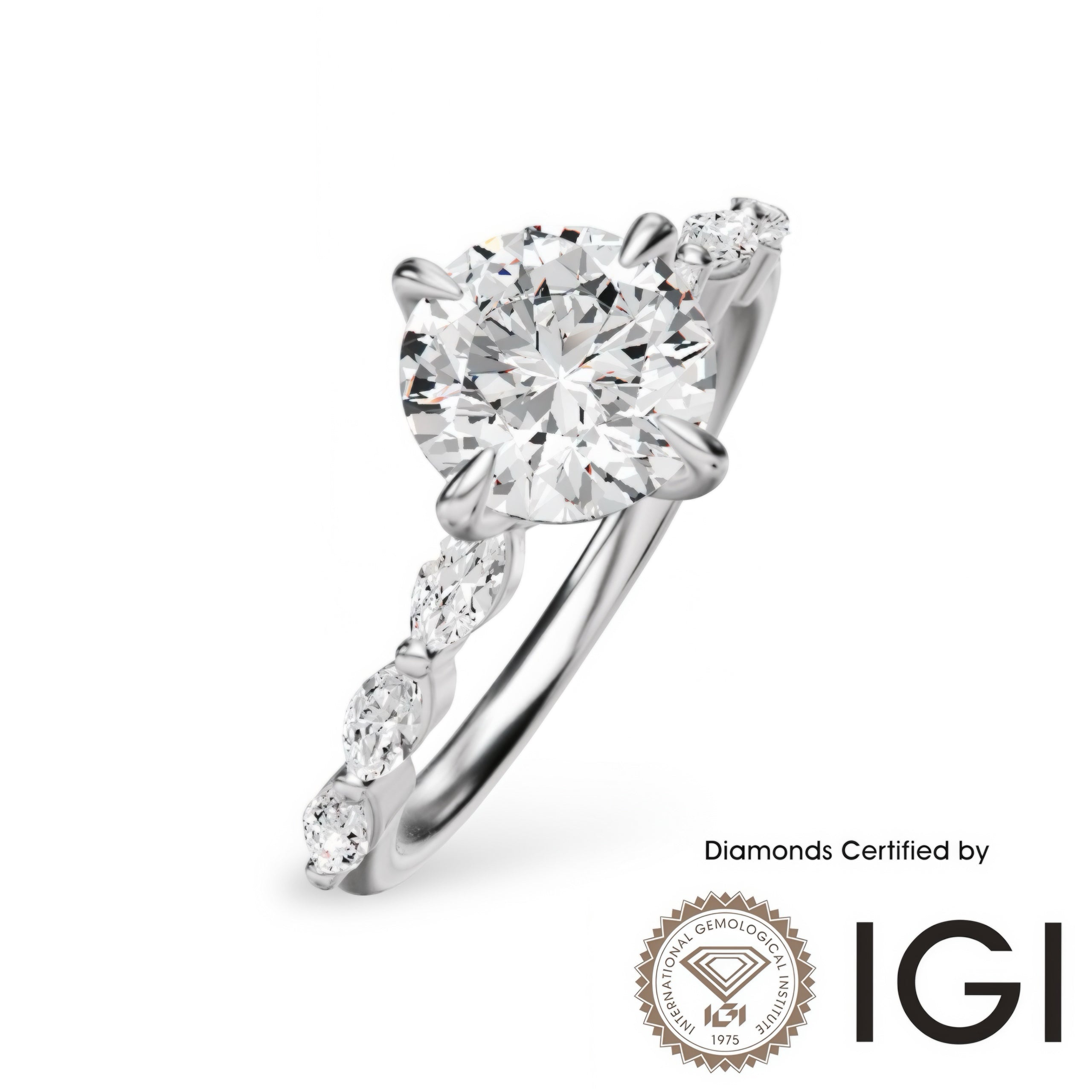 ASH079 Sidestone Lab Grown Diamond Ring 18K D VVS1 VVS2 3EX IGI Certified