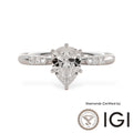 ASH082 Pear Cut Lab Grown Diamond Sidestone Ring 18K D VVS1 VVS2 2EX IGI Certified