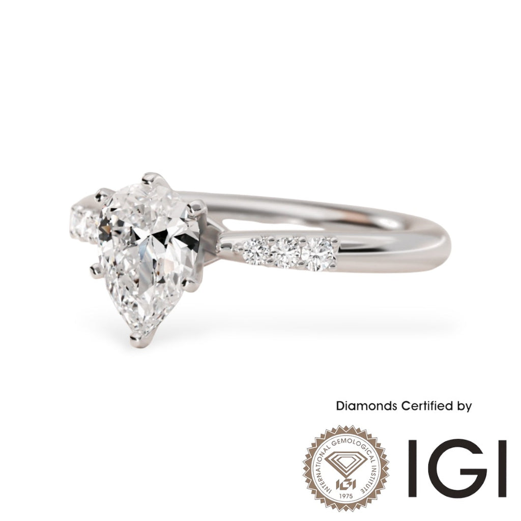 ASH082 Pear Cut Lab Grown Diamond Sidestone Ring 9K D VVS1 VVS2 2EX IGI Certified