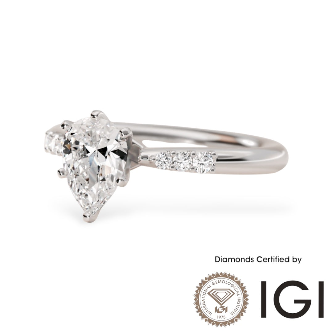 ASH082 Pear Cut Lab Grown Diamond Sidestone Ring 9K D VVS1 VVS2 2EX IGI Certified