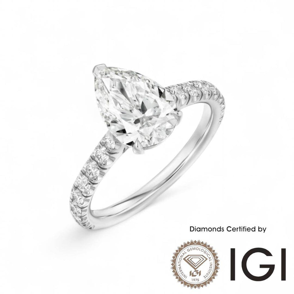 ASH039 Pear Shape Lab Grown Diamond Sidestone Ring D VVS1 VVS2 2EX IGI Certified - Madison Avenue Diamond