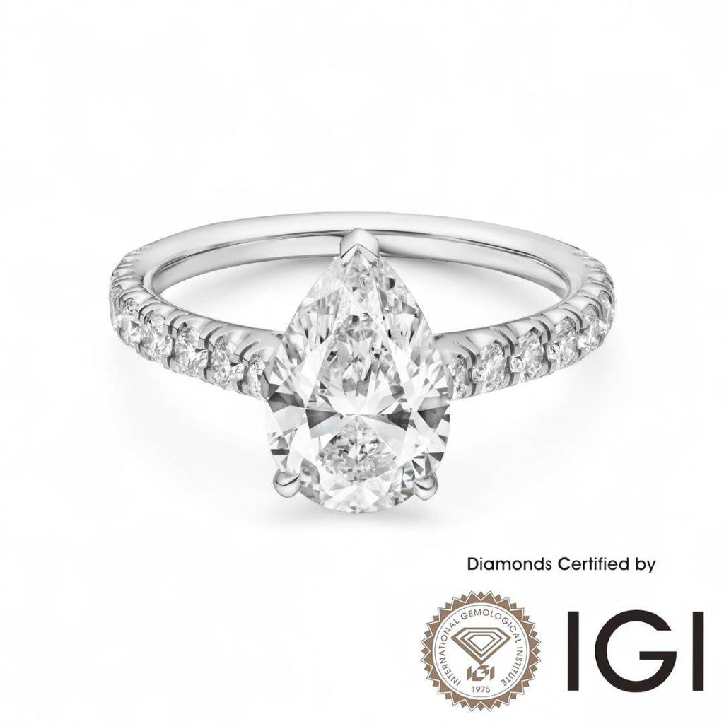 ASH039 Pear Shape Lab Grown Diamond Sidestone Ring D VVS1 VVS2 2EX IGI Certified - Madison Avenue Diamond