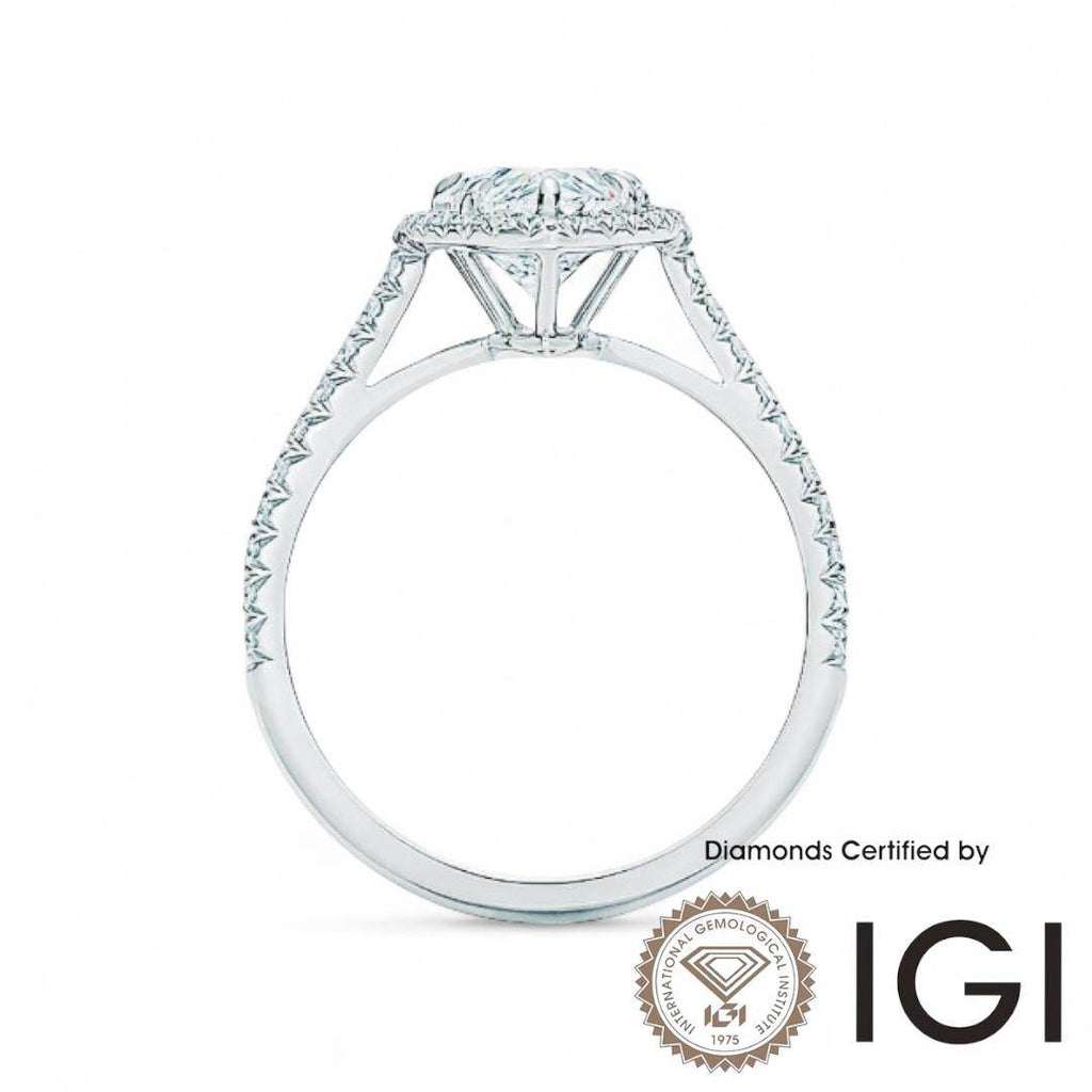 ASH041 Pear Lab Grown halo Diamond Ring D VVS1 VVS2 2EX IGI Certified - Madison Avenue Diamond