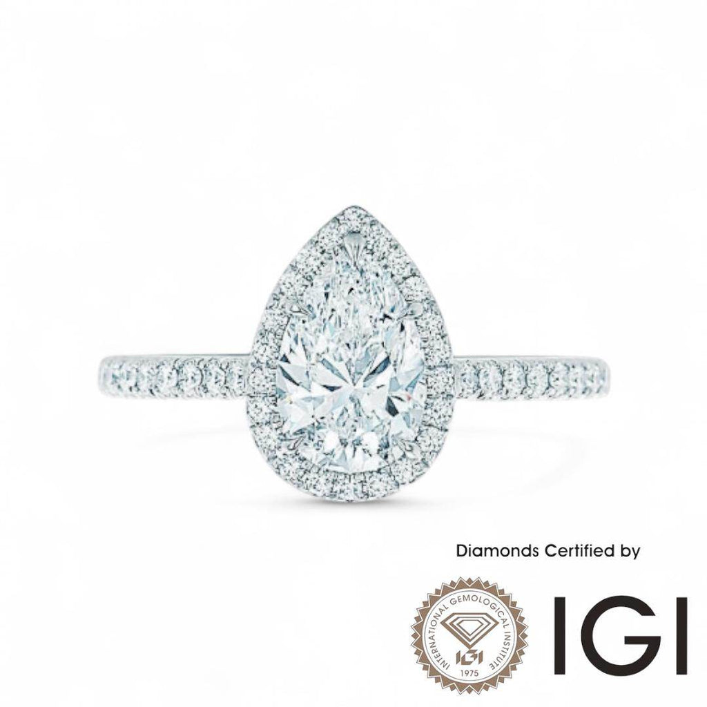 ASH041 Pear Lab Grown halo Diamond Ring D VVS1 VVS2 2EX IGI Certified - Madison Avenue Diamond