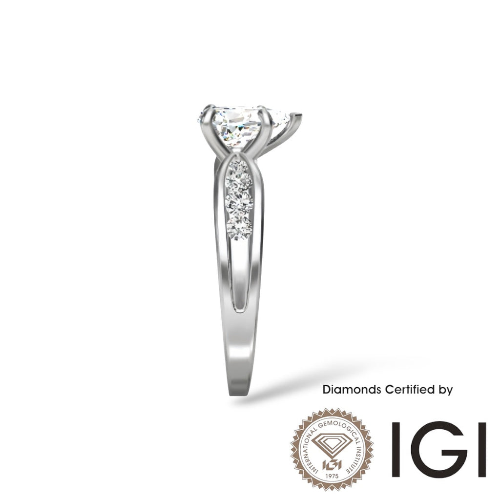 ASH081 Pear Cut Lab Grown Diamond Sidestone Ring 18K D VVS1 VVS2 2EX IGI Certified