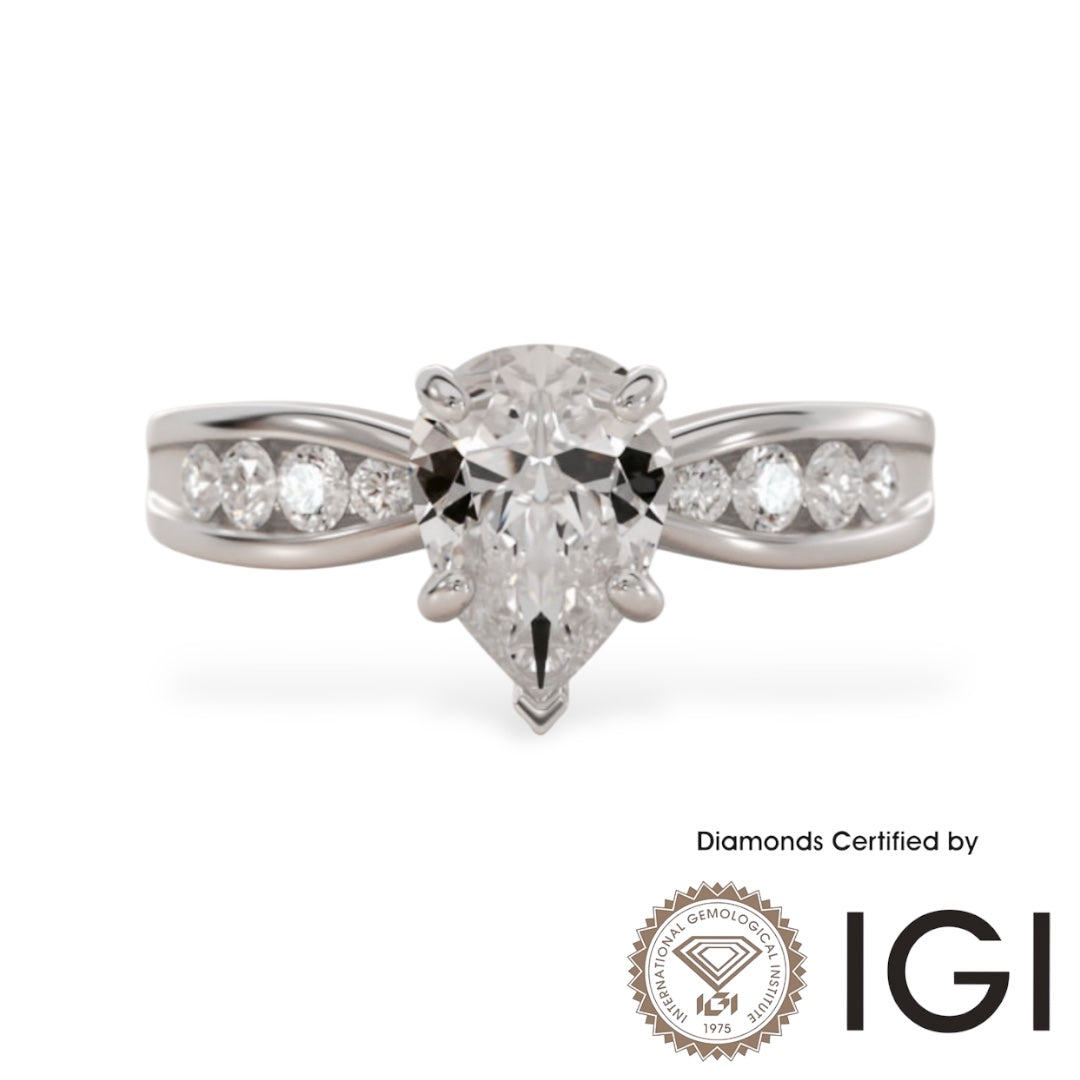 ASH081 Pear Cut Lab Grown Diamond Sidestone Ring 18K D VVS1 VVS2 2EX IGI Certified