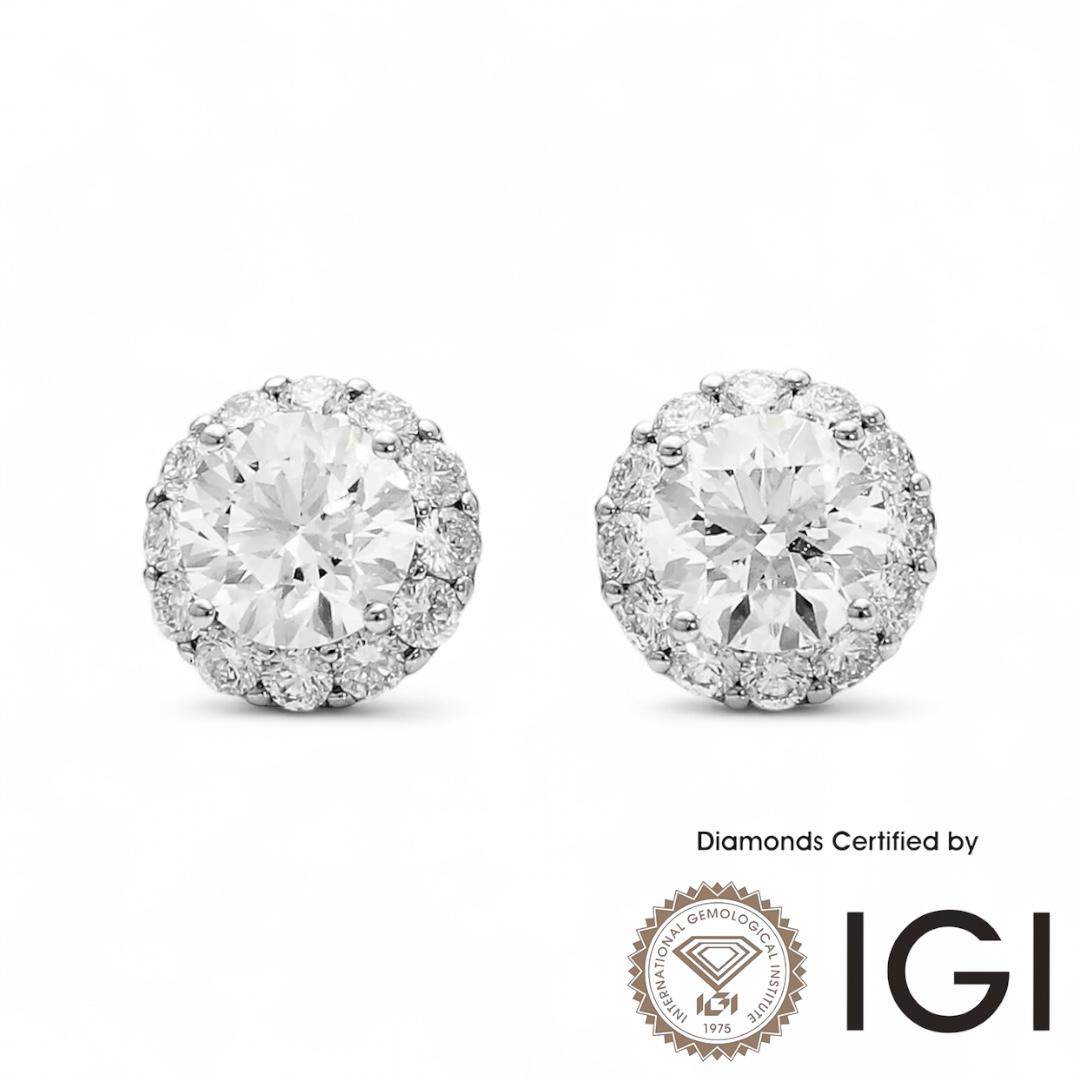 ASH037 Halo Lab Grown Diamond Earring 18K D VVS1 VVS2 3EX IGI Cert - Madison Avenue Diamond