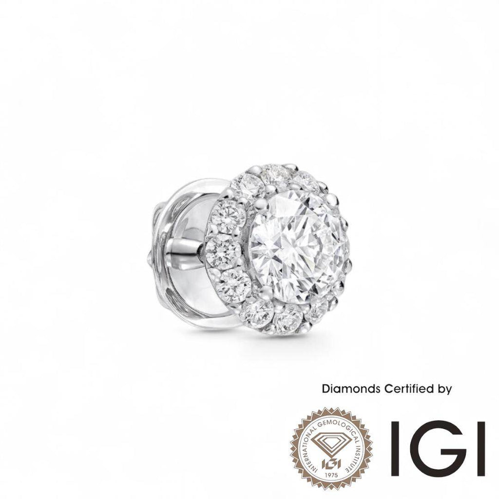 ASH037 Halo Lab Grown Diamond Earring 18K D VVS1 VVS2 3EX IGI Cert - Madison Avenue Diamond