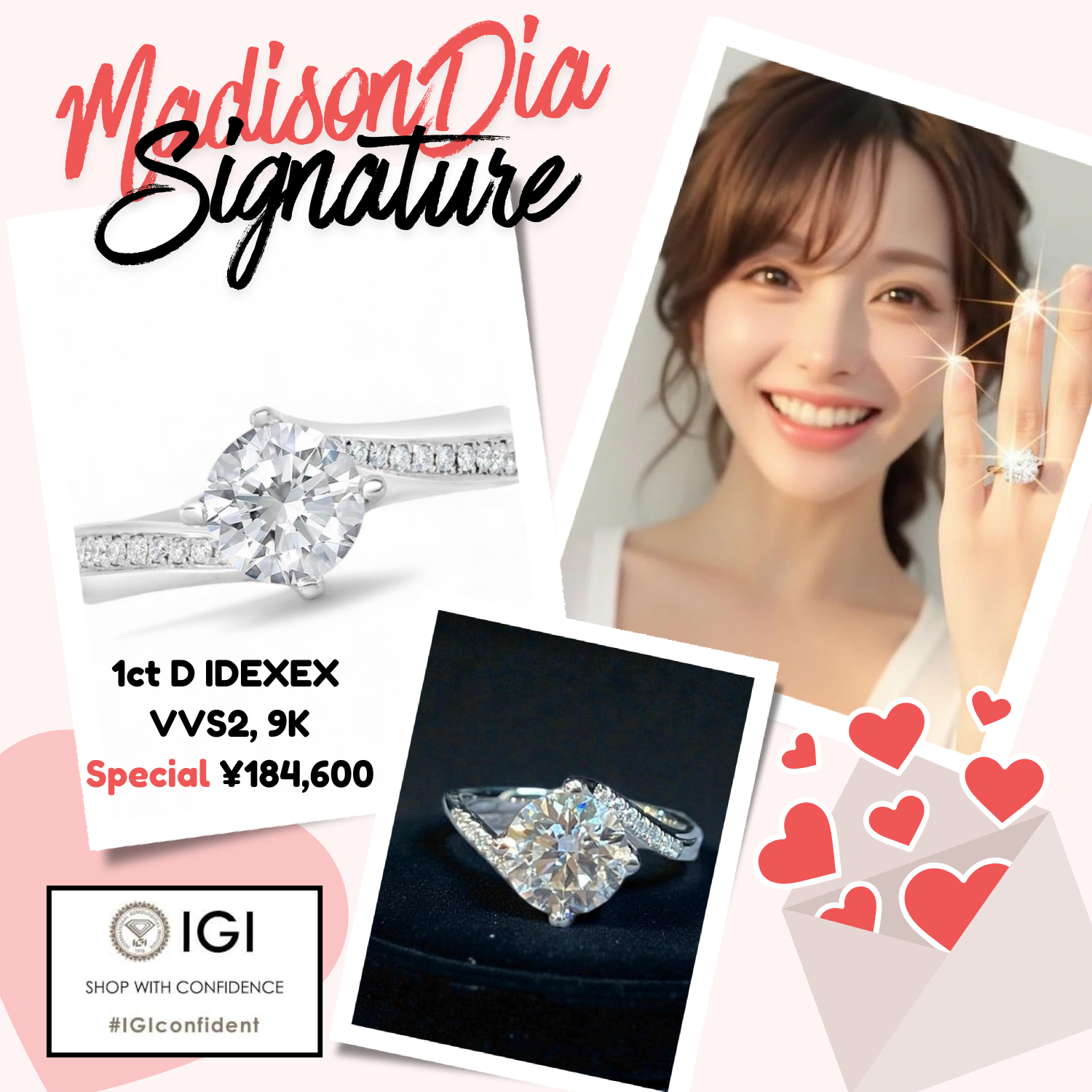 MadisonDia Signature Sidestone Ring 2ct E, VVS2, 3EX, IGI certified, 9K Lab-Grown Diamond Ring
